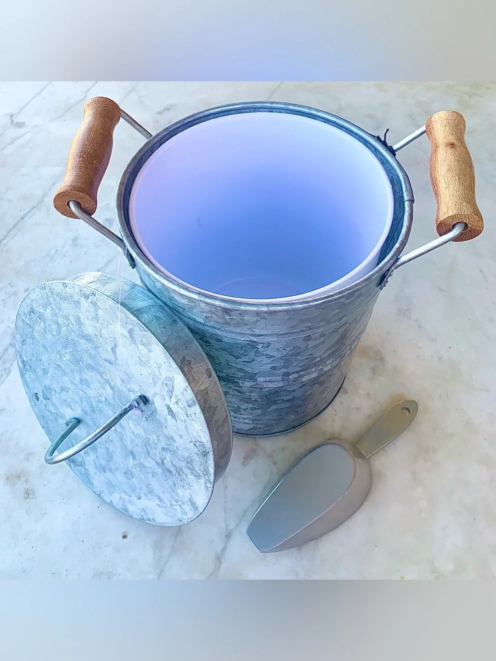 LL MULINO NEW YORK Galvanized Metal ICE BUCKET LID Wooden Handles Scoop NEW 4PC